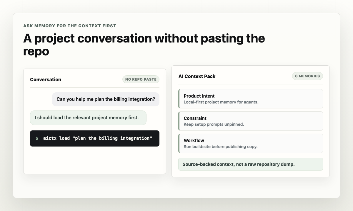 Conversation panel beside an Memory context pack
